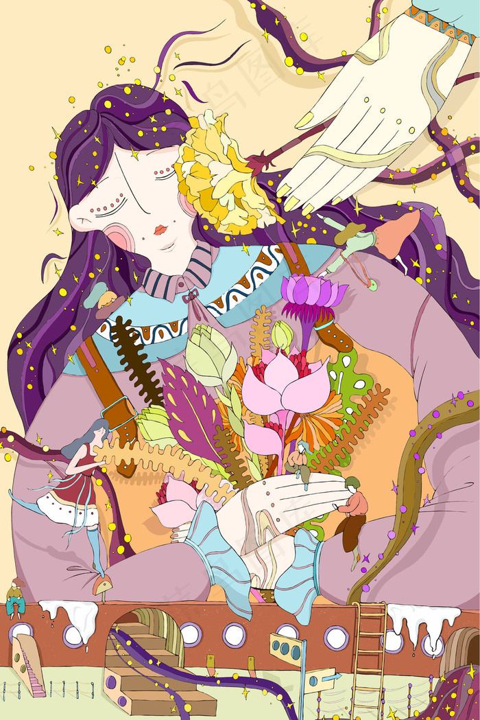 母亲节 手绘母亲 抱花束母亲 手绘