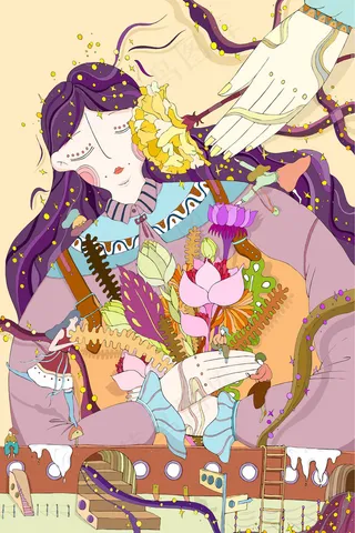 母亲节 手绘母亲 抱花束母亲 手绘