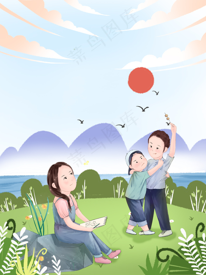 清新绿色五一闺蜜出游背景