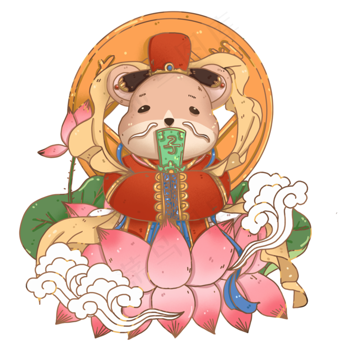 装饰风坐在莲花上的鼠财神,免抠元素(2000X2000(DPI:300))psd模版下载