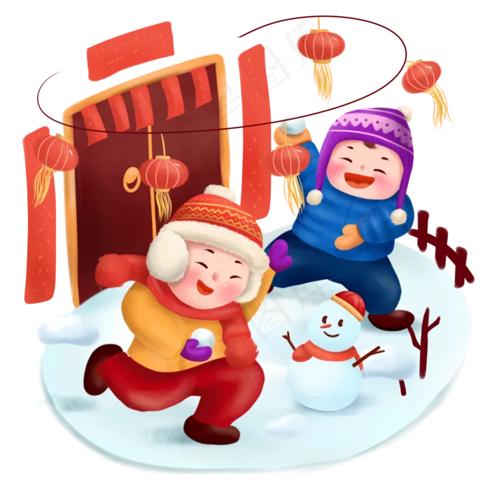 打雪仗新年过节喜庆团圆玩耍游戏,免抠元素(2000X2000(DPI:300))psd模版下载