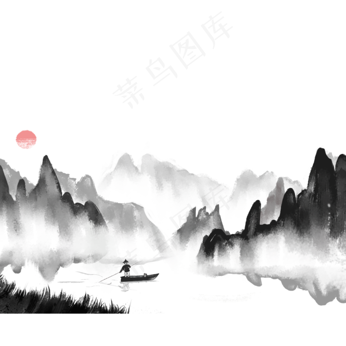 水墨风渔家山水图(2000X2000(DPI:300))psd模版下载