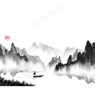 水墨风渔家山水图 水墨风渔家山水图