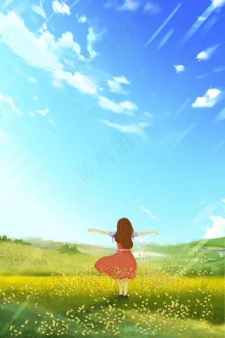 春天夏季清新少女草坪出游旅游蓝天植物野花