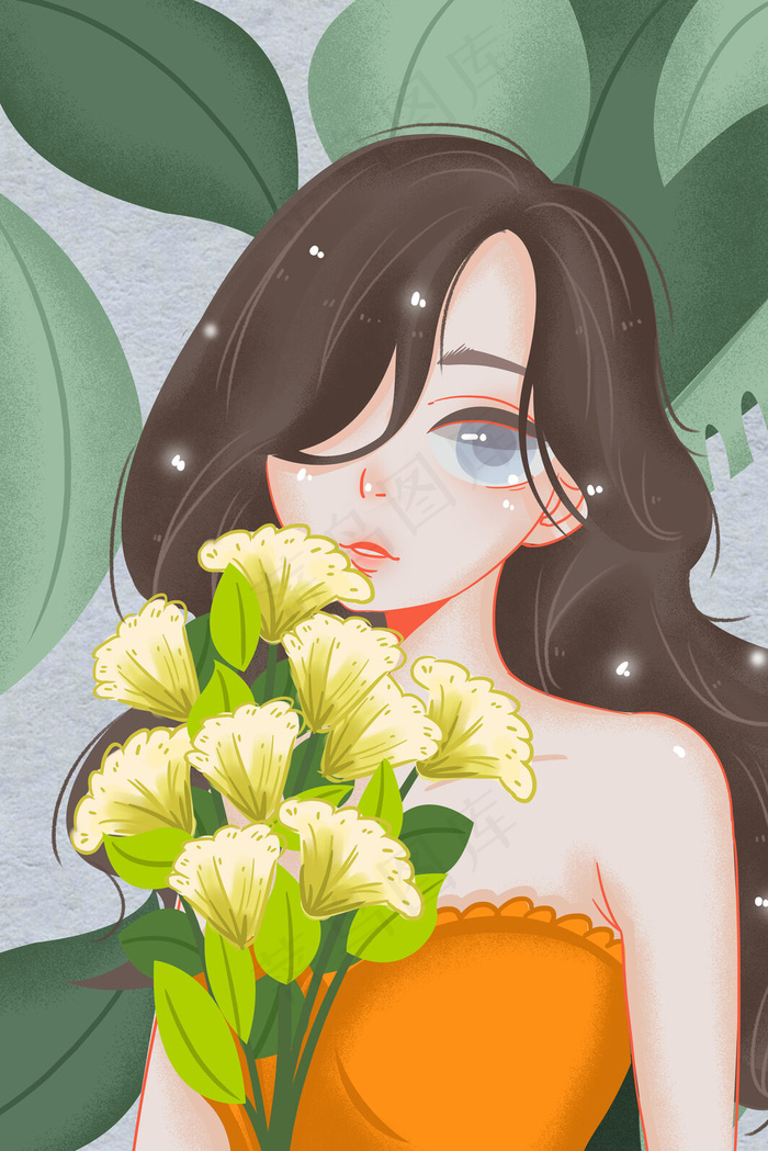 文艺少女鲜花手绘插画