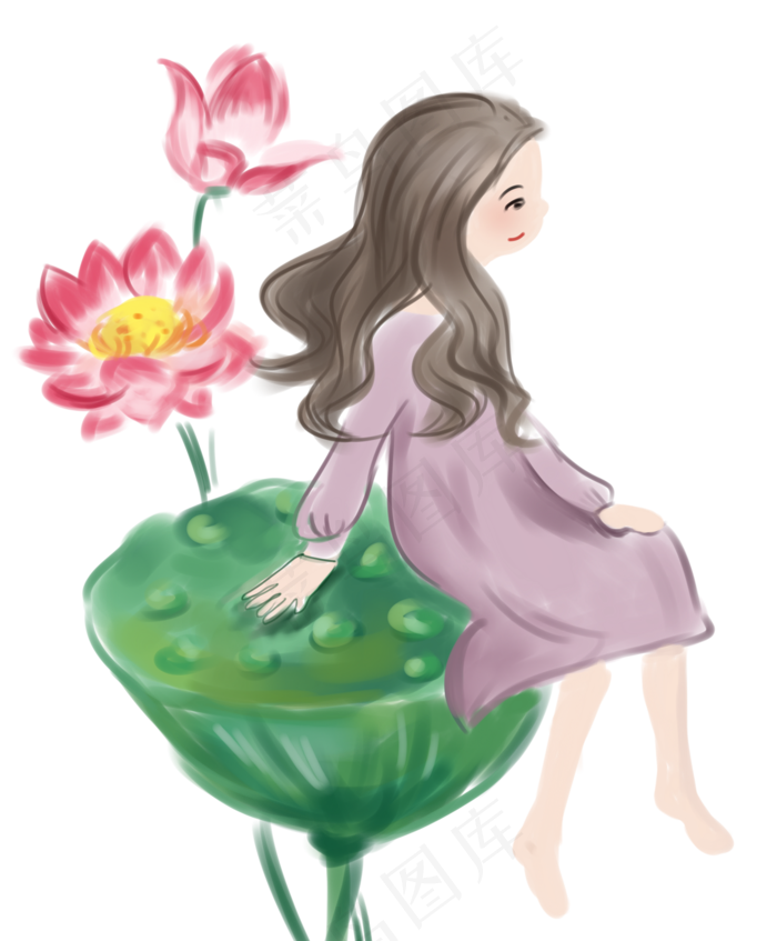 女孩靠在荷花荷叶上