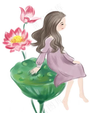 女孩靠在荷花荷叶上