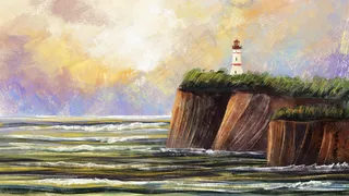 夏日大暑夕阳海边油画风景