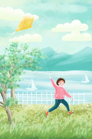 春分湖边草地放风筝的少年