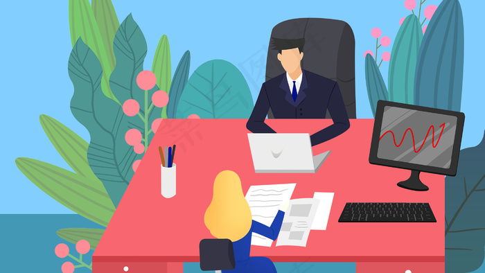 蓝色系扁平风互联网商务风格办公面试配图