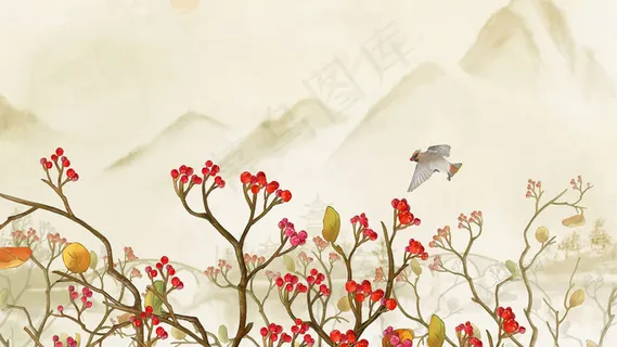秋季节气复古工笔国画山水红果子飞鸟风景 秋季节气复古工笔国画山水红果子飞鸟风景