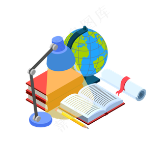 2.5D卡通手绘书籍地球仪试卷,免抠元素