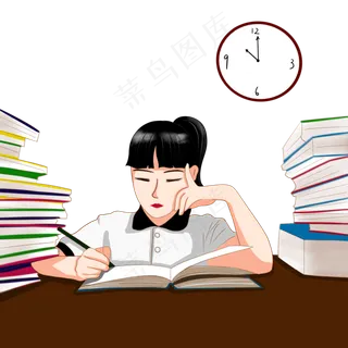 手绘女孩高考书桌奋战