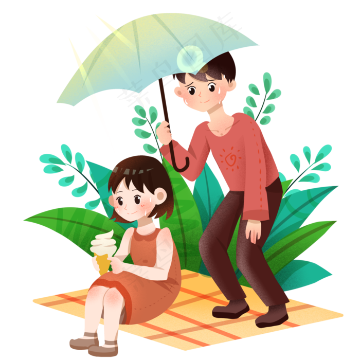 大暑为女孩撑伞男孩