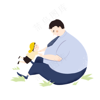 父亲节蓝色系父子草坪玩耍手绘