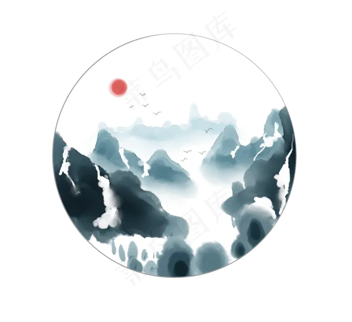 日出冬季水墨山水画