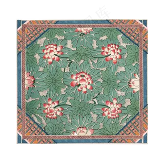 中式古典荷花对称精致粉绿边框底,免抠元素