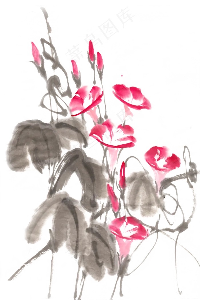 盛开的牵牛花水墨画PNG免抠素材(4724X7087(DPI:300))psd模版下载
