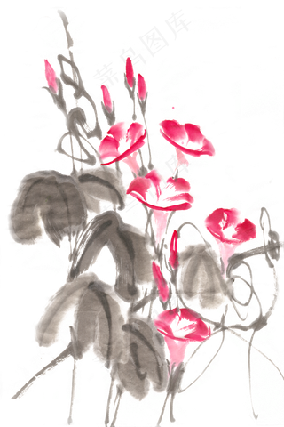 盛开的牵牛花水墨画PNG免抠素材