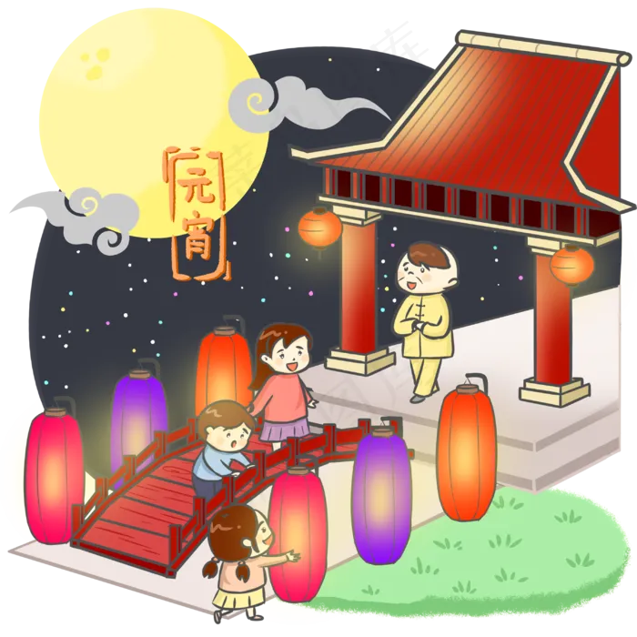 手绘元宵节灯会赏花灯,免抠元素