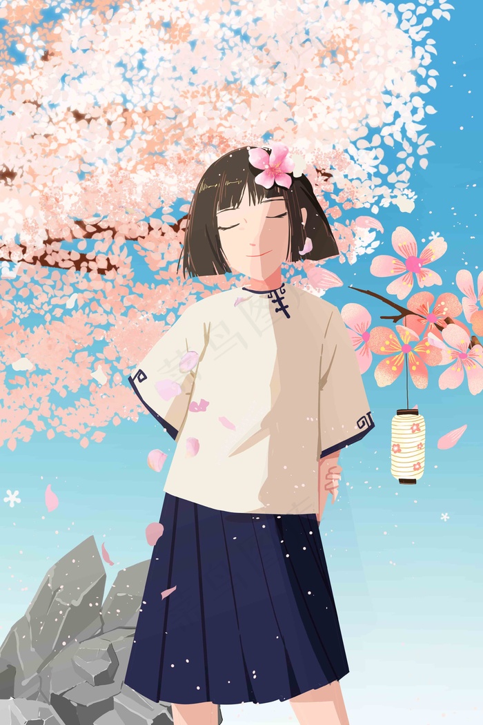 春天你好春天樱花开桃花开春季插画