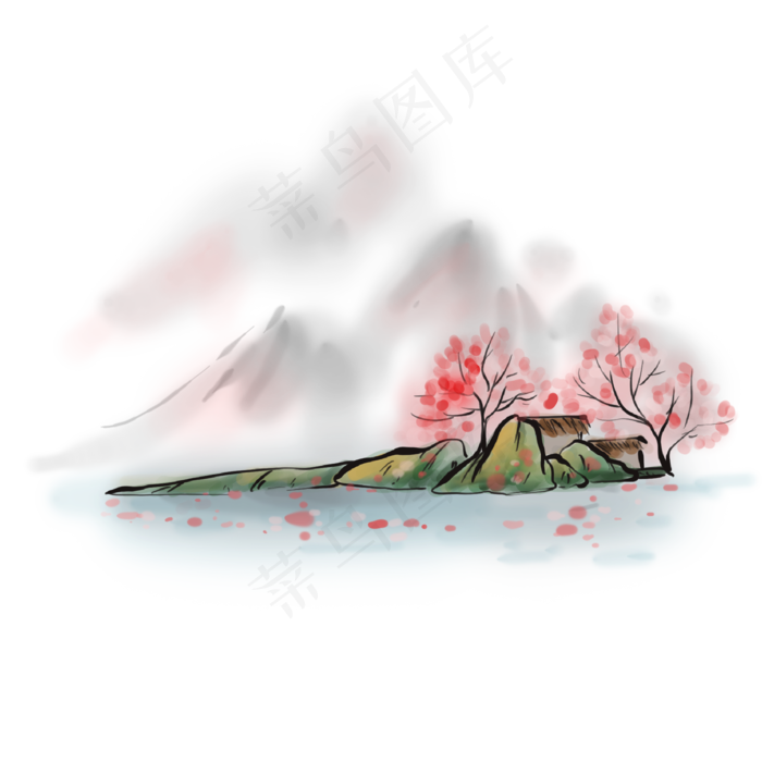 中国水墨春天的樱花和房屋,免抠元素