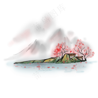 中国水墨春天的樱花和房屋,免抠元素