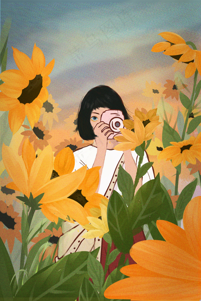 花与少女向日葵花节夏至春季手绘风清新唯美(3545X5315(DPI:300))psd模版下载