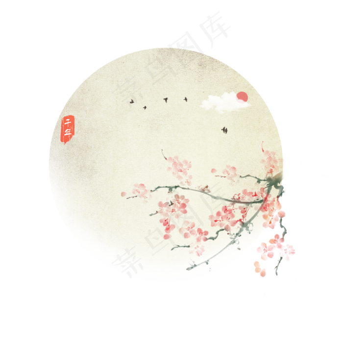 手绘桃花中国风水墨背景插画渲染