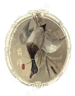 二十四节气霜降灰色暖调野鸭装饰,免抠元素