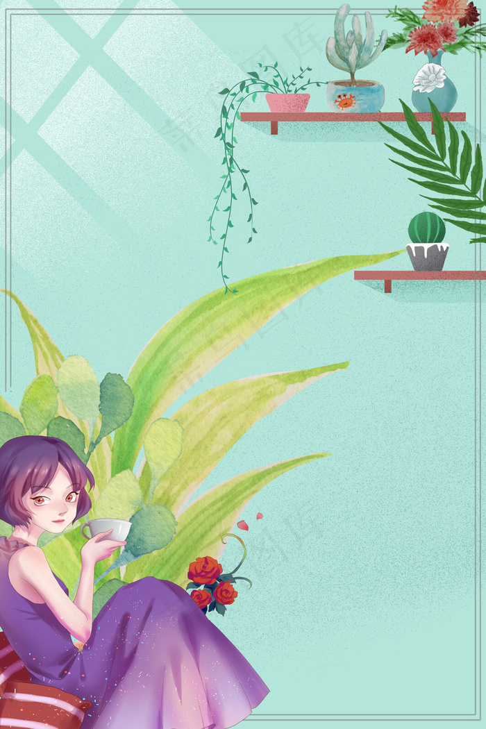 简约春天花草女神背景边框