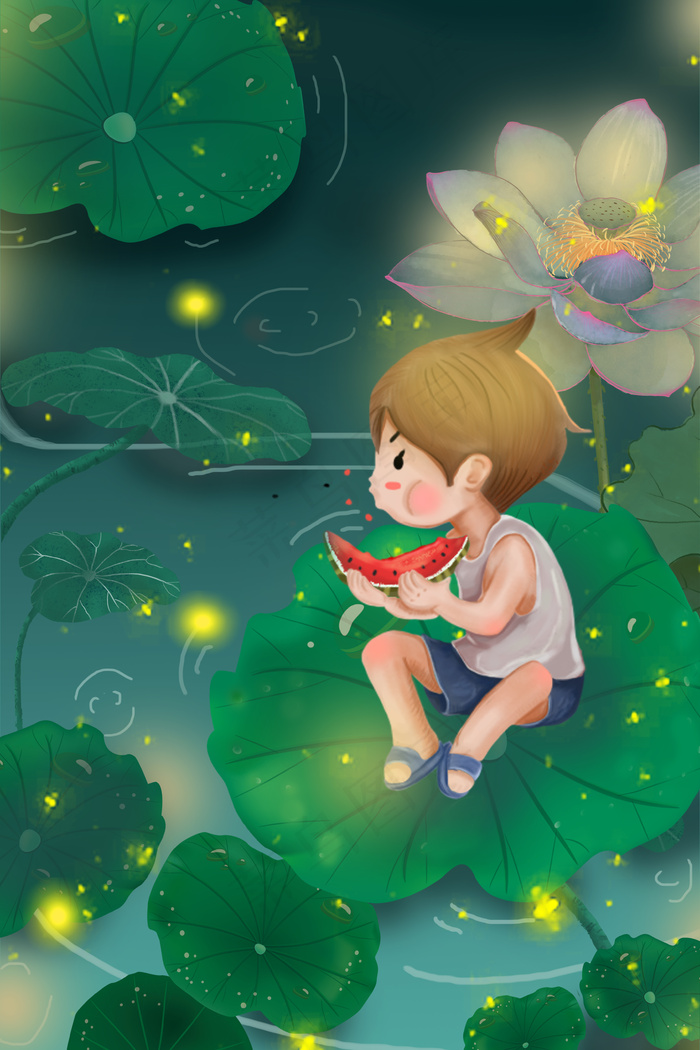 立夏夏天荷叶儿童西瓜(3545X5315(DPI:300))psd模版下载