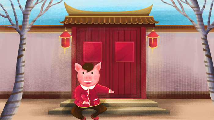新春佳节家门口玩的小猪