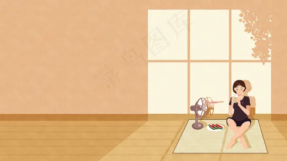 吹电风扇喝茶的少女