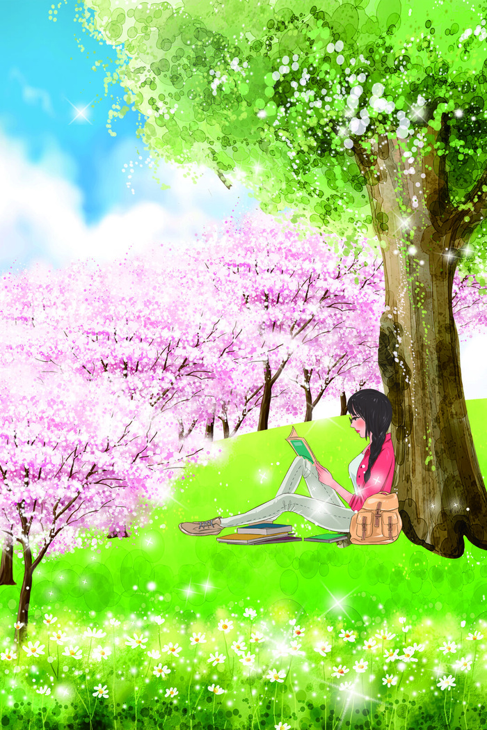 读书日桃花看书女孩(3545*5315px 300 dpi )psd模版下载