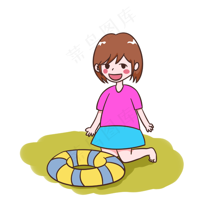 夏天坐在沙滩上的女孩手绘