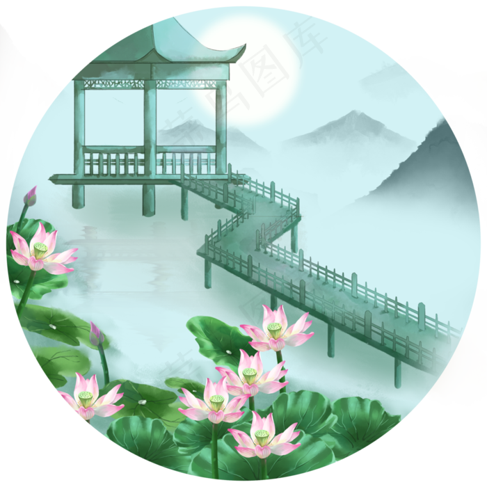古风建筑凉亭荷花(1125X2436(DPI:72))psd模版下载