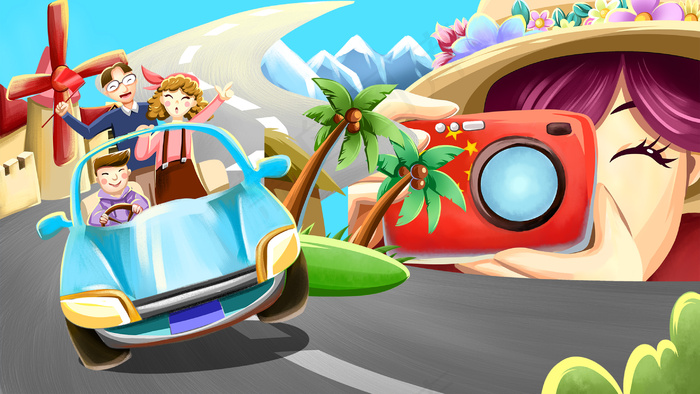 十一小长假国庆节自驾游手绘插画