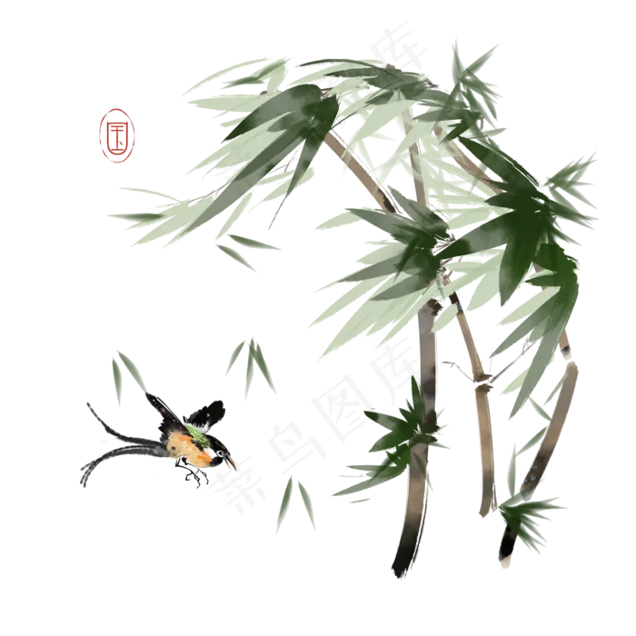 水墨花鸟翠竹素材,免抠元素