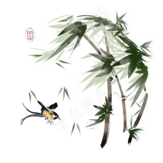 水墨花鸟翠竹素材,免抠元素
