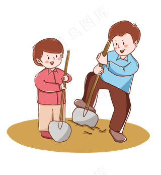 手绘植树节男孩和女孩开心植树,免抠元素