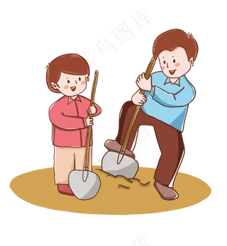 手绘植树节男孩和女孩开心植树,免抠元素
