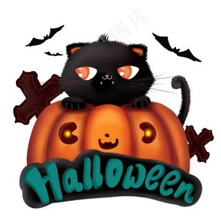 万圣节卡通可爱黑猫与南瓜灯手绘,免抠元素