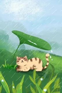 清新唯美春天可爱动物节气谷雨卡通手绘