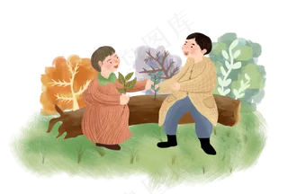 男孩女孩坐在树干上