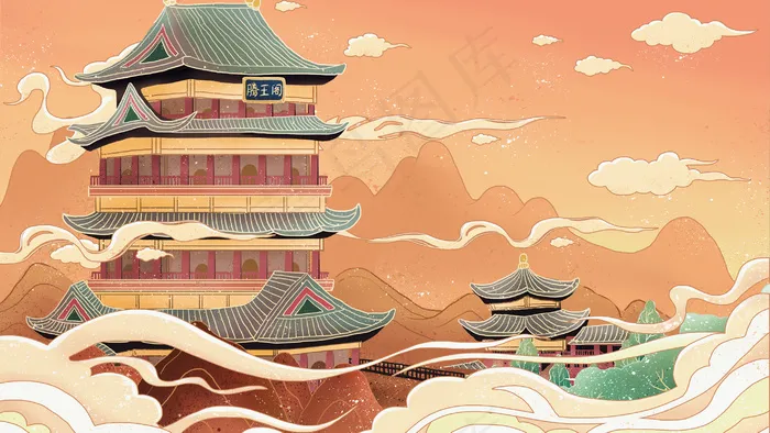 古风城市滕王阁中国风(2880X1620(DPI:300))psd模版下载