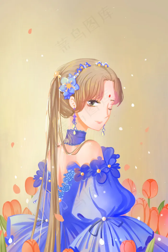 蓝色唯美卡通少女与花欧式礼服春季春天配图(3545X5315(DPI:300))psd模版下载
