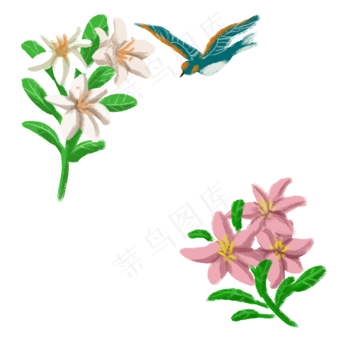 春夏季节花鸟边框之百合花和飞鸟,免抠元素(2000X2000(DPI:300))psd模版下载