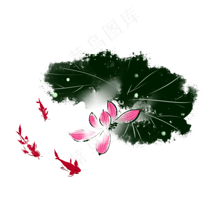 中国风水墨荷花红鲤鱼