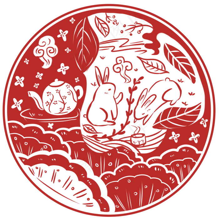 中秋节玉兔月饼国风剪纸免抠PNG(2000X2000(DPI:300))psd模版下载